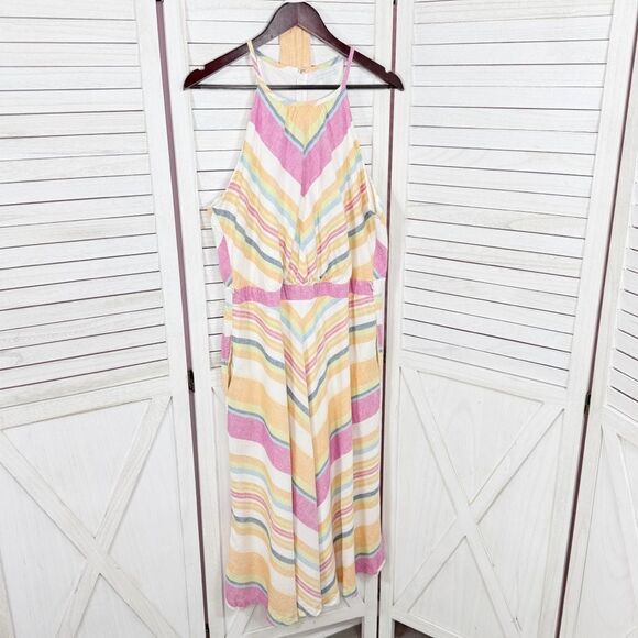 New York & Company Linen Blend Striped Halter Midi Dress Sundress Pink Multi XL - Picture 8 of 14